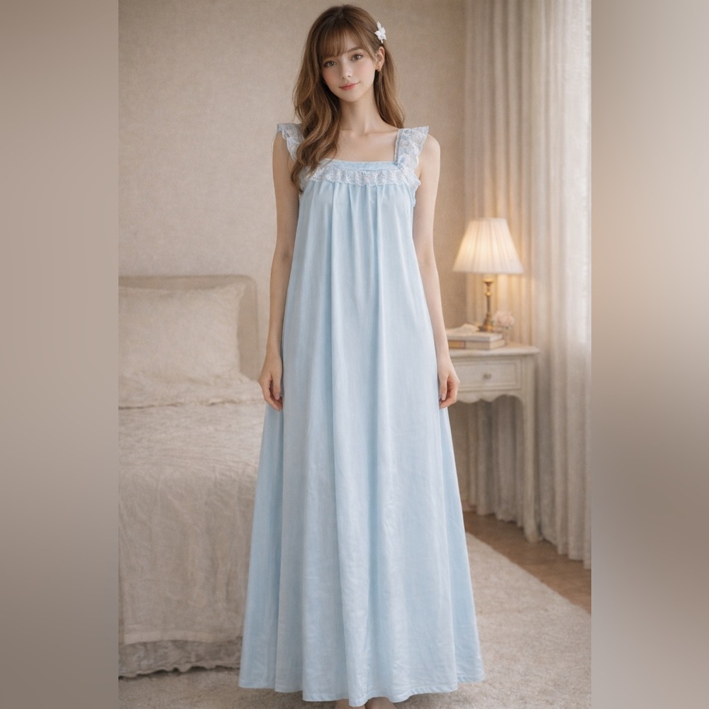 Sz L Queentex Powder Blue Vintage Sleeveless Nightgown